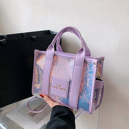 Sequins Top-Handle Bags Fashion PU Leather Shoulder Bag Large Capacity Travel Handbag Women Trendy Casual Satchel Tote Purse PlatiNum