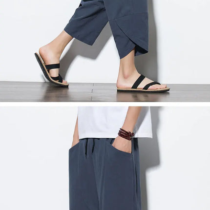 Pantaloni Estivi da Uomo 2026 Stile Cinese in Cotone e Lino, Pantaloni Harem Traspiranti da Spiaggia, Pantaloni Casual a Tre Quarti, Streetwear
