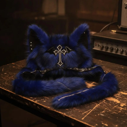 Fuzzy Faux Fur Cat Ear Ear Flap Hat, Gothic Edgy Design Plush Headwear, Fashion Warm Hat for Teens Cosplay & Daily Matching