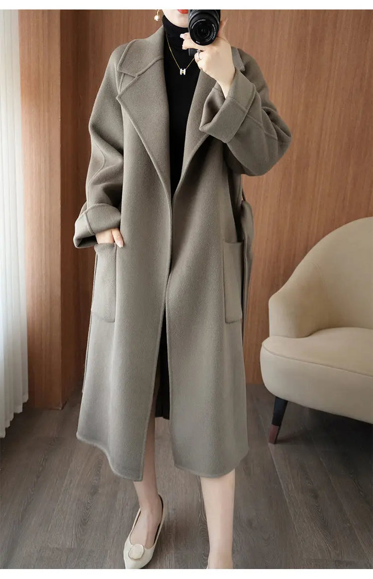 100% Wool Coat Women's Wear 2026 Autumn/Winter Fashion Temperament Double sided Cashmere Coats with Belt Elegant Long Overcoat