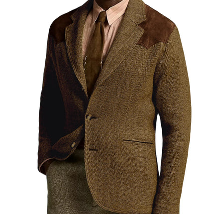 Herringbone Tweed Men's Blazer Jacket Wool Blend Suede Patch Shoulder Men's Sport Coat Business Casual Slim Fit For Oktoberfest