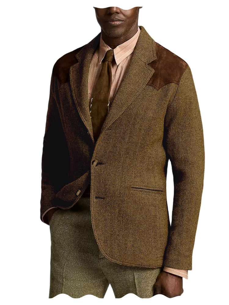 Herringbone Tweed Men's Blazer Jacket Wool Blend Suede Patch Shoulder Men's Sport Coat Business Casual Slim Fit For Oktoberfest