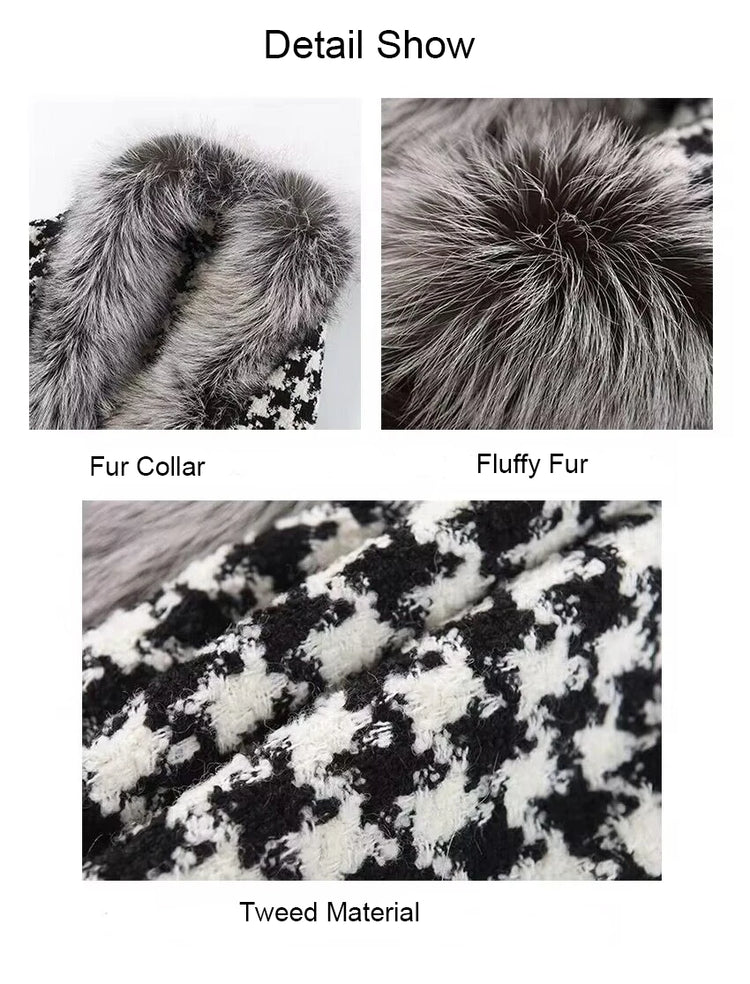 ZADORIN Autumn Winter Luxury Faux Fur Coat Women Elegant Houndstooth Tweed Warm Big Poncho Fur Shawl Cape Women Party Outerwear
