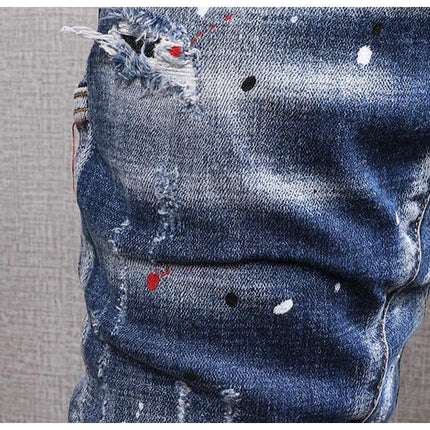 Fashion Streetwear Men Jeans Retro Black Blue Elastic Slim Fit Ripped Jeans Men Spliced Designer Embroidery Hip Hop Denim Pants PlatiNum