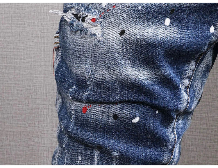 Fashion Streetwear Men Jeans Retro Black Blue Elastic Slim Fit Ripped Jeans Men Spliced Designer Embroidery Hip Hop Denim Pants PlatiNum