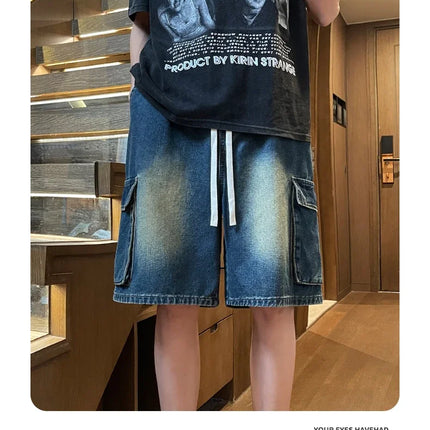 Pantaloncini di jeans cargo da uomo estivi Baggy dritti Moda Casual Pantaloni corti a gamba larga Tasca grande Jeans corti per vacanze al mare Uomo
