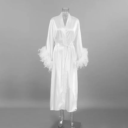Piuma Blush Kimono Robe Boudoir Matrimonio Lunghezza pavimento Maxi Vestaglia Vestaglie Sposa per essere addio al nubilato Macchia Lingerie di seta