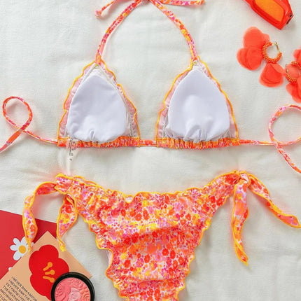Nuovo Set Bikini Donna Estivo con Stampa Floreale Arancione, Halter con Volant, Push-Up e Perizoma con Laccetti Laterali PlatiNum
