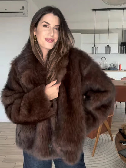 New in Reversible Double-faced Faux Fur Jacket for Women Stylish Lapel Collar Crossover Button-up Outwears Winter Brown Overcoat