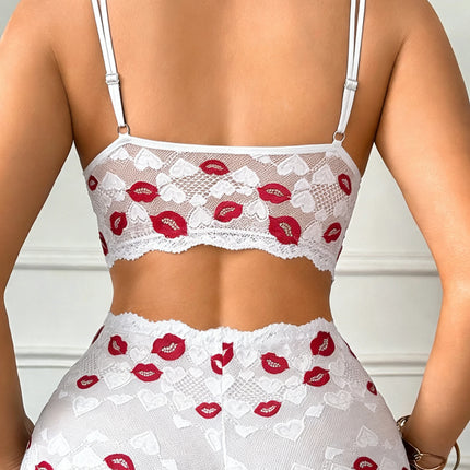 Women Sexy Lip Print Lingerie Set Hollow-out Lace Unlined Camisole Bra Thin Cup Wireless Sexy Bras and Sheer Panties
