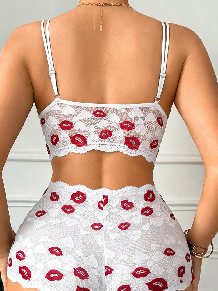 Women Sexy Lip Print Lingerie Set Hollow-out Lace Unlined Camisole Bra Thin Cup Wireless Sexy Bras and Sheer Panties