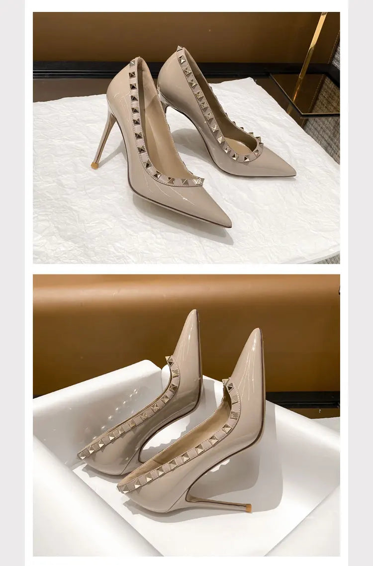 Women's High Heels Black Genuine Leather Rivet Pointed toe pumps luxury designer high quality Shoes Elegant woman heeled shoes