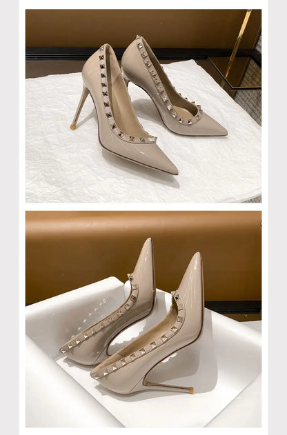 Women's High Heels Black Genuine Leather Rivet Pointed toe pumps luxury designer high quality Shoes Elegant woman heeled shoes