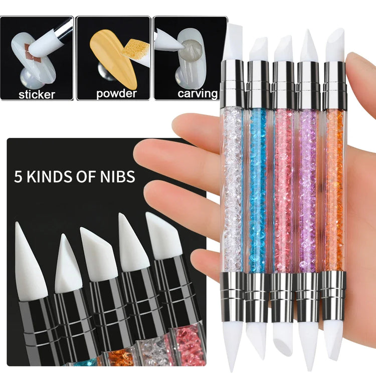 5Pcs/Set Pink Dual Ended Rhinestone Nail Art Silicone Pen Sculpture Pen/3D Flower Carving/Dotting Nail Tool 13cmManicure Brush
