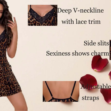 Camicie da notte sexy da donna taglie forti XL - 4XL con spalline sottili, body con stampa leopardata in pizzo - abbracciante, scollo a V profondo, sexy