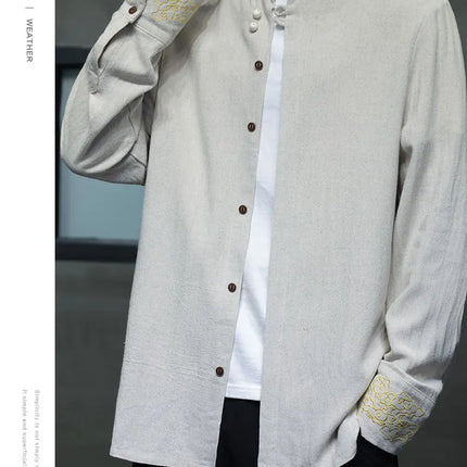 Camicie da Uomo di Alta Qualità con Ricami in Stile Cinese, Colletto Rialzato Retrò, in Lino Comodo e Traspirante, Camicie Casual da Uomo