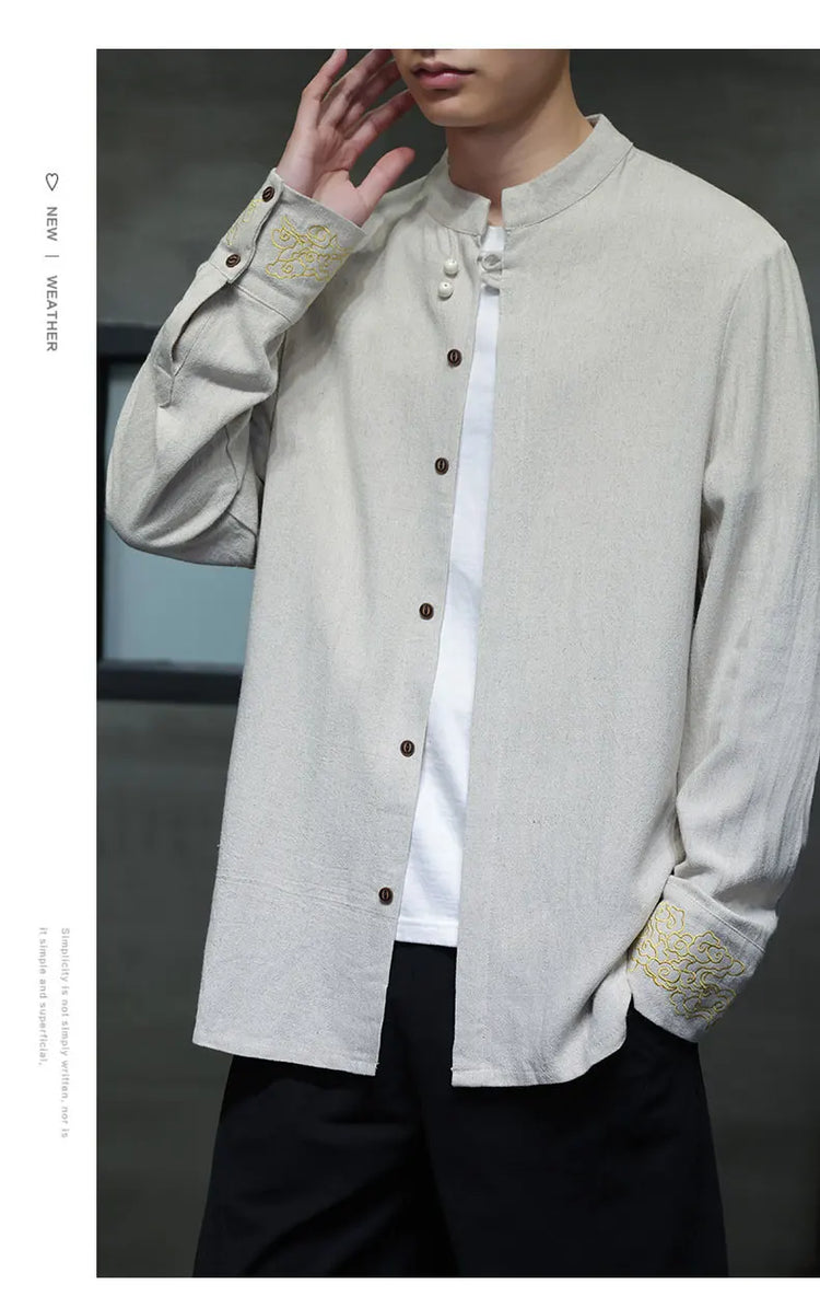 Camicie da Uomo di Alta Qualità con Ricami in Stile Cinese, Colletto Rialzato Retrò, in Lino Comodo e Traspirante, Camicie Casual da Uomo