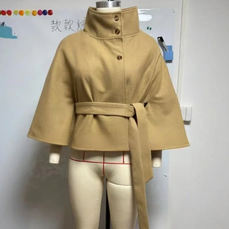 Stand Collar Lace Up blend fiber Coat Women's Fashion Long Batwing Sleeve Solid Single Breasted Cape Coat Autumn Winter Outfits