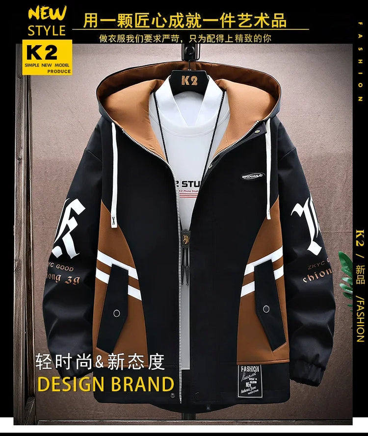 Men's Casual Hooded Jackets Autumn Patchwork Thin Coats Outwear Top Windbreaker Streetwear Clothing Plus Size