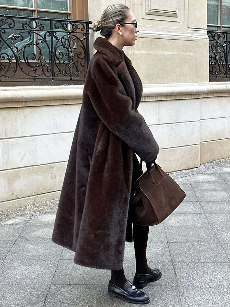 ZADORIN 110cm Long Lapel Belted Brown Faux Fur Coat Woman Elegant Mink Fur Faux Coat Fluffy Fur Jackets for Woman Winter Clothes