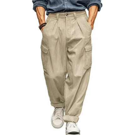 Men's Wide Leg Cargo Pants, Pleated Trousers, Multi‑Pocket Solid Brown Loose Fit Work Pants For Men Work Or Casual Daily Wear