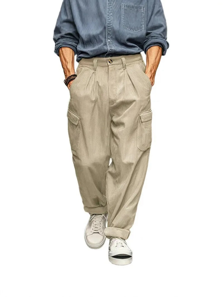 Men's Wide Leg Cargo Pants, Pleated Trousers, Multi‑Pocket Solid Brown Loose Fit Work Pants For Men Work Or Casual Daily Wear