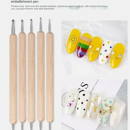 Dual End Wooden Dotting Pen Marble Nail Art Tool Set Manicure Painting Kit 5PCS DIY Nail Design