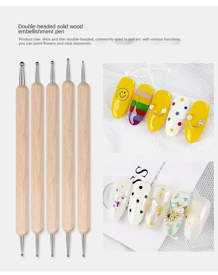 Dual End Wooden Dotting Pen Marble Nail Art Tool Set Manicure Painting Kit 5PCS DIY Nail Design
