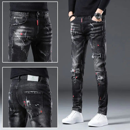 New Arrival Spring Autumn Denim Jeans for Men Slim Distressed Ripped Pants Paint Splatter Design Streetwear Luxury Slim Jeans PlatiNum