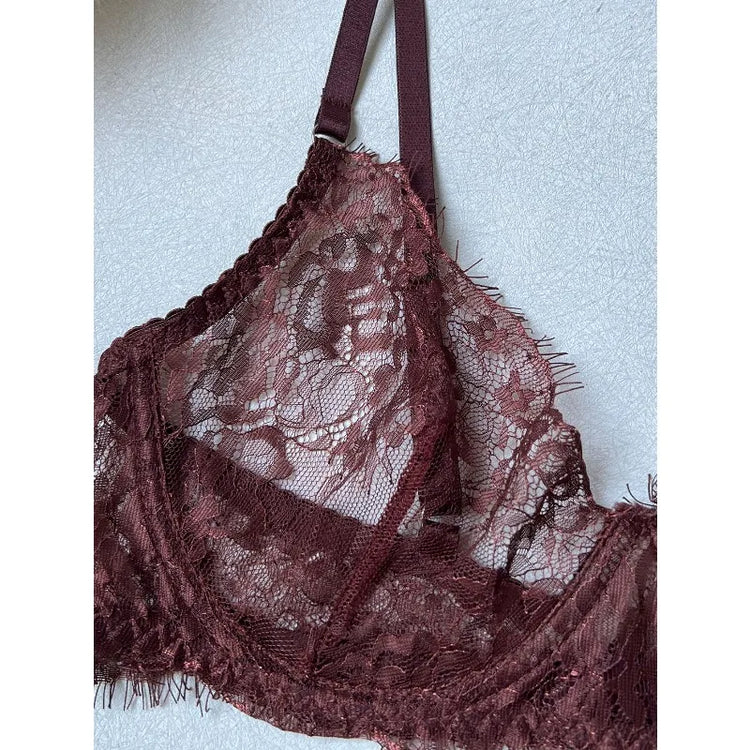 Tornova Erotic Lingerie French Retro Eyelash Lace Underwear Set Sexy Intimate See-through Ultra-thin Bra with Underwire Briefs