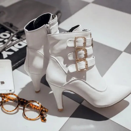 Women Shoes  Boots Spring High Heels Ankle Boots Pointed Toe Buckle  Boots Zip Ladies Shoes White Big Size 2023