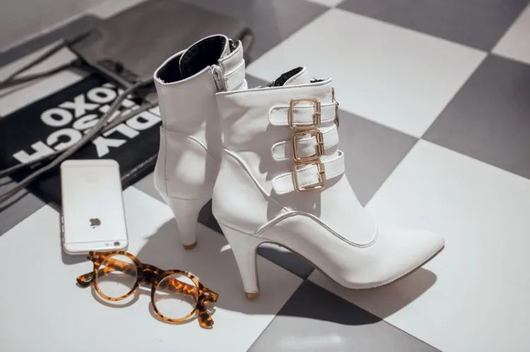 Women Shoes  Boots Spring High Heels Ankle Boots Pointed Toe Buckle  Boots Zip Ladies Shoes White Big Size 2023