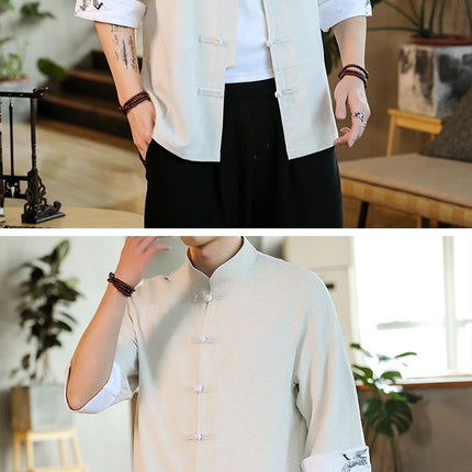 Nuovo gru ricamo top abbigliamento tradizionale cinese per uomo camicie vintage in lino a mezza manica colletto Madarin solido Hanfu Kungfu