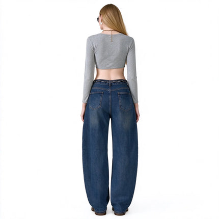 Women’s High-Waisted, Wide-Leg, Curved-Fit Jeans with Matching Scarf Belt Included, Vintage-Wash Blue Denim with Diagonal Stitching, Casual Retro-Style Trousers for Everyday Wear  FX-5380-1