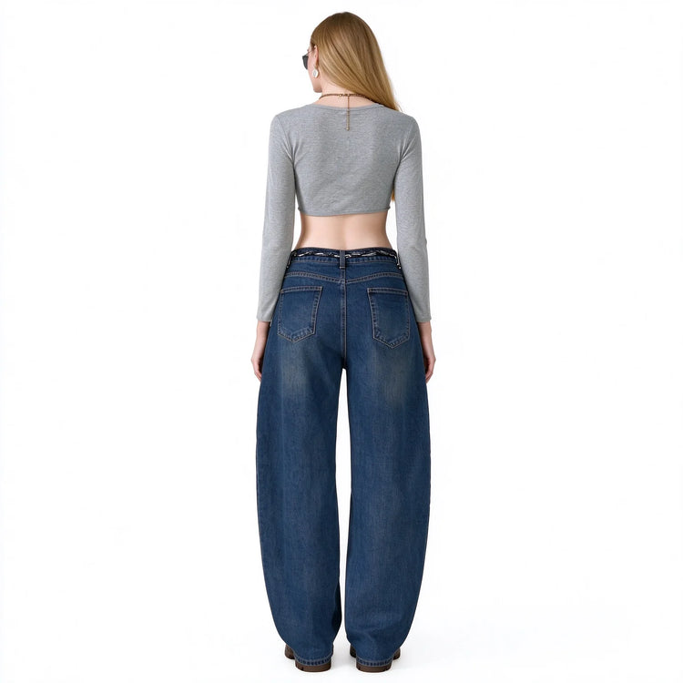 Women’s High-Waisted, Wide-Leg, Curved-Fit Jeans with Matching Scarf Belt Included, Vintage-Wash Blue Denim with Diagonal Stitching, Casual Retro-Style Trousers for Everyday Wear  FX-5380-1