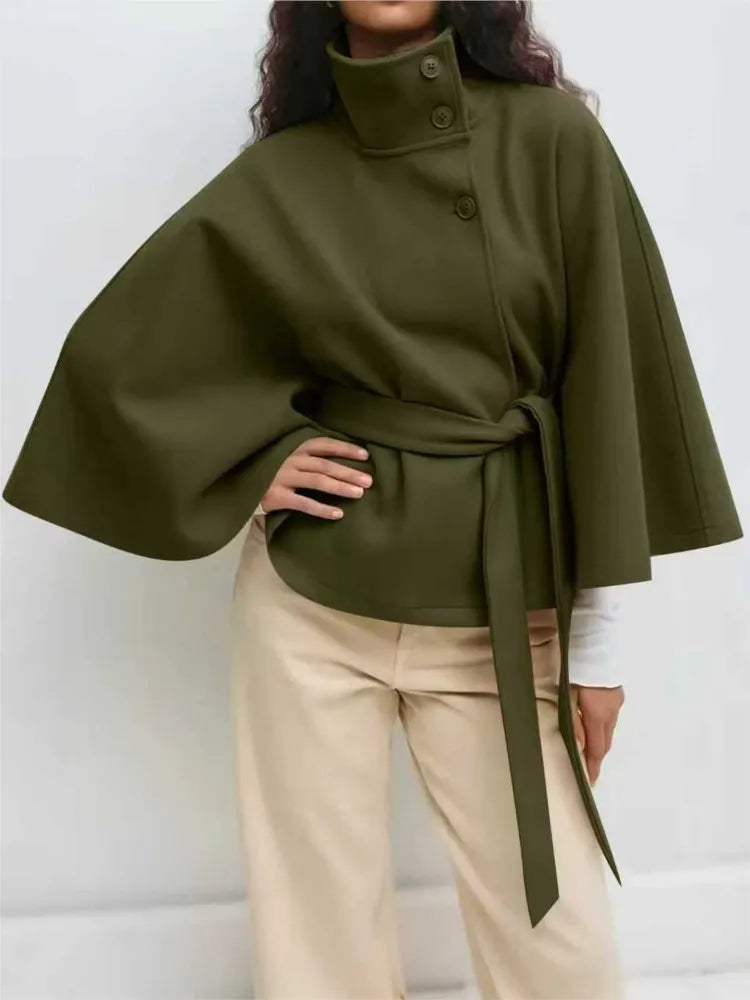 Autumn And Winter New Fashion Solid Color Cloak Stand-up Collar Button Belt Windbreaker Jacket Women's Temperament Commuting Top