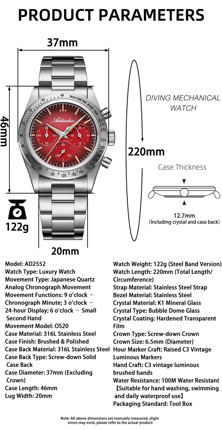 ADDIESDIVE Chronograph Watch For Men 10Bar Waterproof 316L Stainless Steel 0S20 C3 Vintage Luminous Luxury  Quartz Watch AD2552