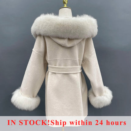 MISSJANEFUR Wool Coat with Real Fox Fur Collar Cuff Women Fashion Belted Cashmere Coats Warm Winter Hooded Trench Peacoat