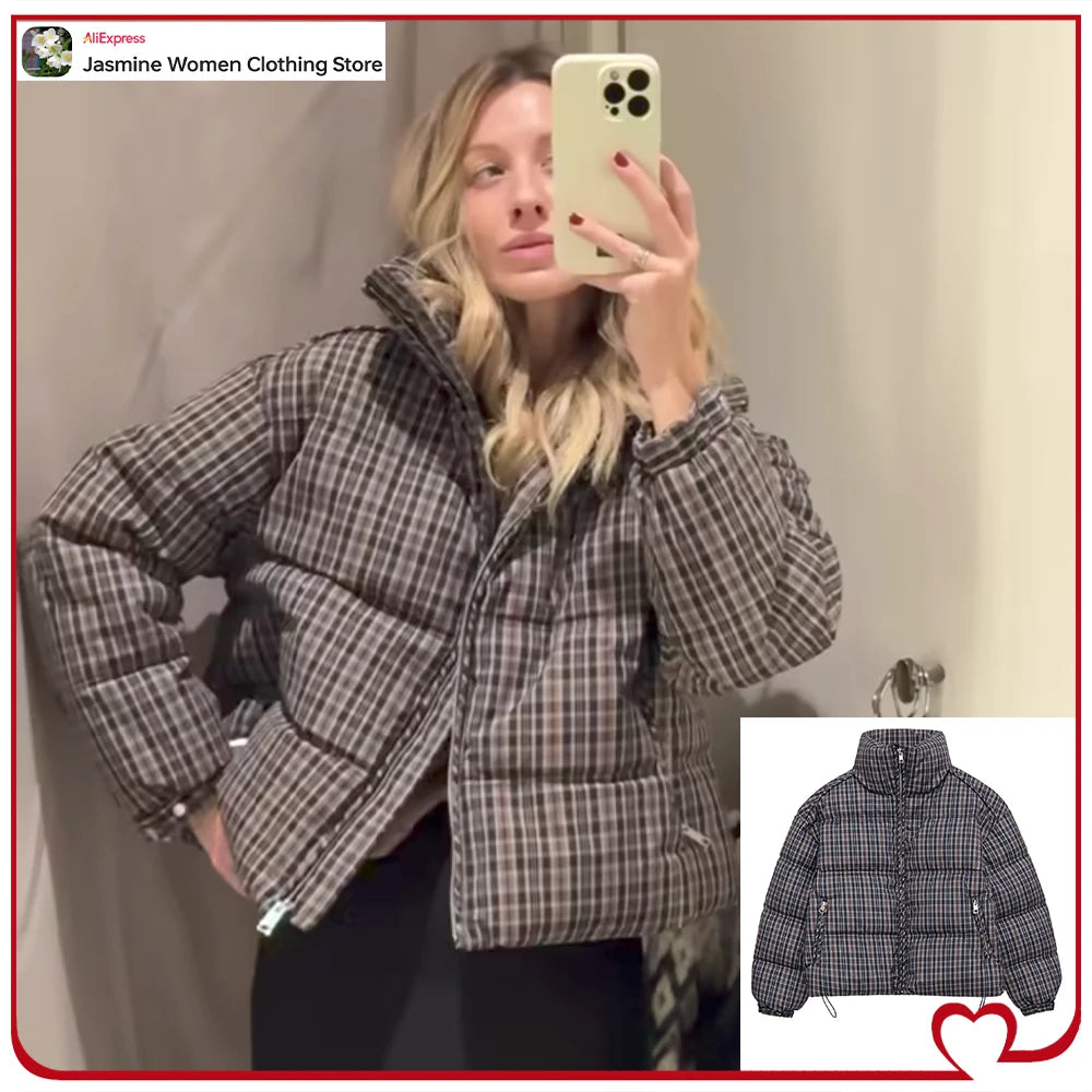 Elegant Chic Women Plaid Puffer Anorak with Adjustable Hem High Neck and Long Sleeves Zippered Coats Winter Brown Padded Jackets
