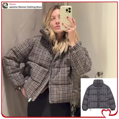 Elegant Chic Women Plaid Puffer Anorak with Adjustable Hem High Neck and Long Sleeves Zippered Coats Winter Brown Padded Jackets