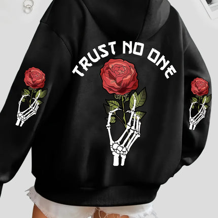 Women Rose Print Hoodie Unisex Autumn Winter Fleece Oversized Hooded Everyday Outdoors Hoodie for Any Occasion