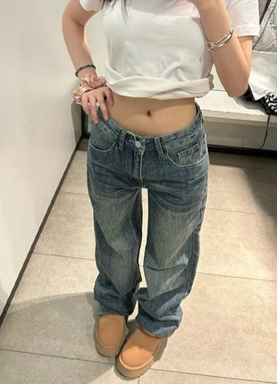 Jeans Baggy Y2K da Donna a Vita Bassa, Gamba Larga, in Denim Lavato Vintage, Pantaloni Larghi Streetwear con Dettaglio Unico Tasca Posteriore