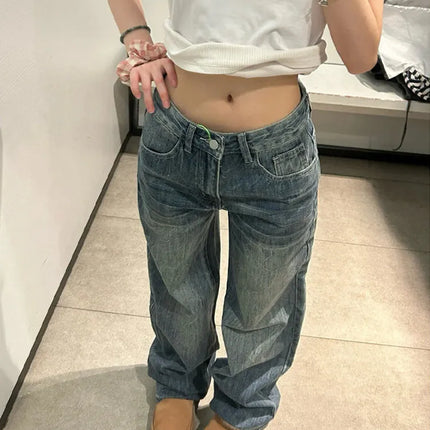 Jeans Baggy Y2K da Donna a Vita Bassa, Gamba Larga, in Denim Lavato Vintage, Pantaloni Larghi Streetwear con Dettaglio Unico Tasca Posteriore