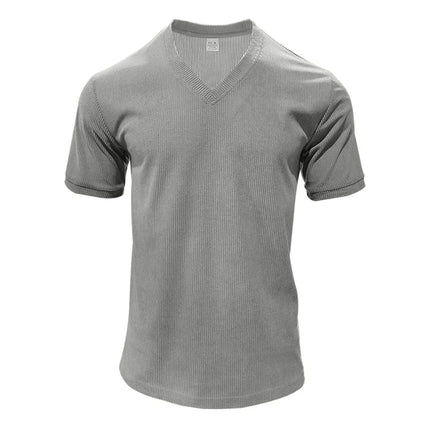 Men's European and American Summer Corduroy Solid Color Slim Casual V-Neck T-Shirt Amazon