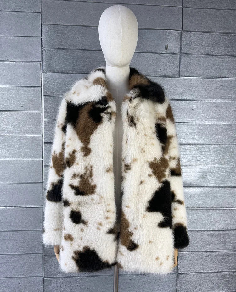 ZADORIN 2026 Chic Mid Long Cow Pattern Fluffy Faux Fur Coat Woman Lapel Loose Winter Fur Coats Woman Furry Jacket Fur Faux Coat