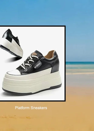 Fujin 9cm 3 inch comfortable platform sneakers for women Genuine Leather Women Vulcanized Shoes Platform High Heels Casual Shoes PlatiNum