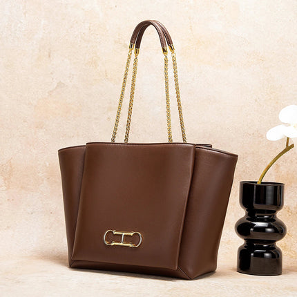 CHCH Women's Tote Bag 2026 Spring New Brown Magnetic Buckle Storage Bag Large Capacity Commuter Chain Bag PlatiNum