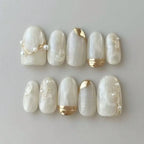 10Pcs Handmade Press on Nails Full Cover Rhinestone Design French Almond False Nails Artificial Wearable Manicure Nail Tips Art