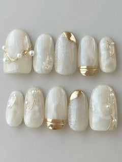 10Pcs Handmade Press on Nails Full Cover Rhinestone Design French Almond False Nails Artificial Wearable Manicure Nail Tips Art