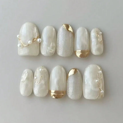 10Pcs Handmade Press on Nails Full Cover Rhinestone Design French Almond False Nails Artificial Wearable Manicure Nail Tips Art